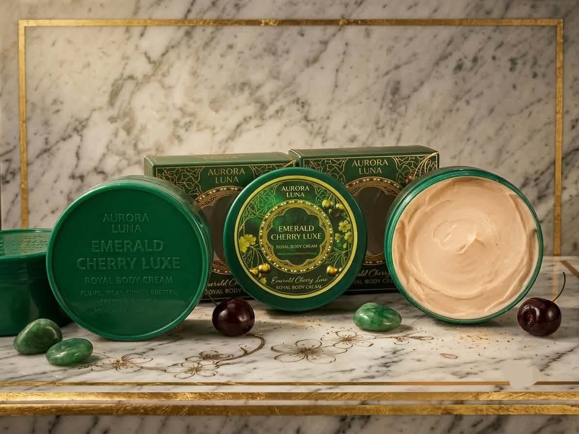 Aurora Luna Emerald Cherry Luxe Royal Body Cream on marble with gold details